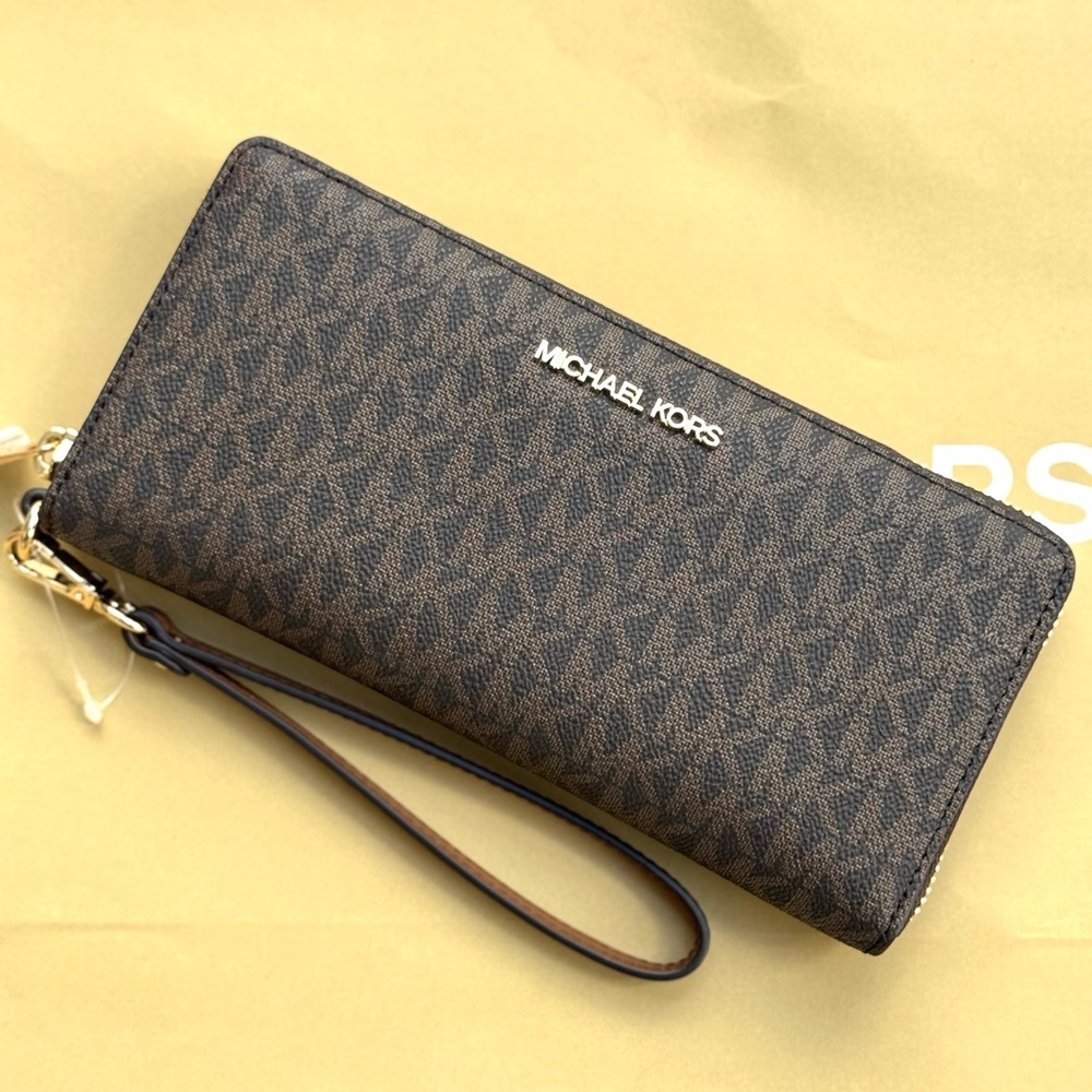 Michael Kors Large Continental Wallet Wristlet Brown Signature